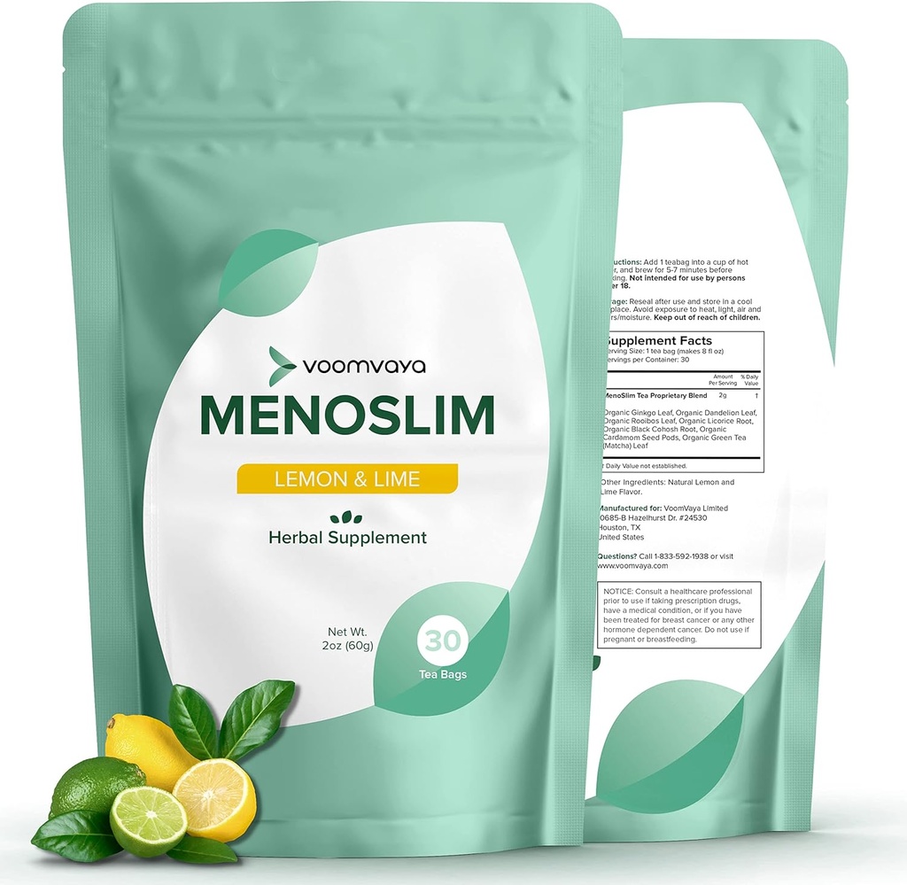VoomVaya MenoSlim茶 - 荷尔蒙平衡茶,Perimmenopause & 雌激素女性补充剂 - 用于Bloating, Hot Flashes, Night Sweats & Meno-Belly - Lemon Lime Flavor - 30 茶袋