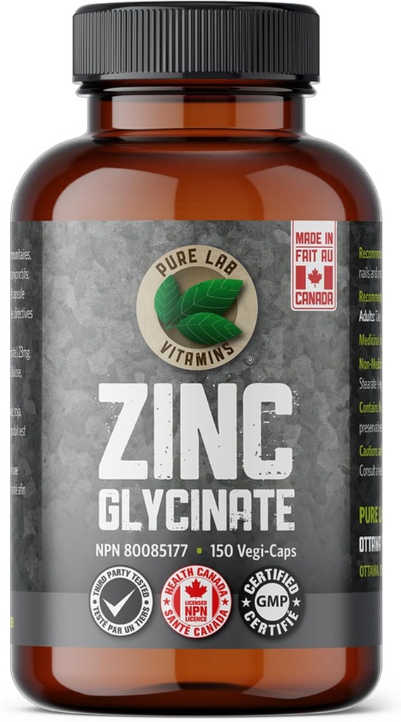 锌甘油23毫克补充剂 - 150 Vegan Caps 纯实验室维生素 - 氨酸盐用于健康皮肤和钉子 - 支持Immune系统,前列腺,视觉 - 加拿大制造