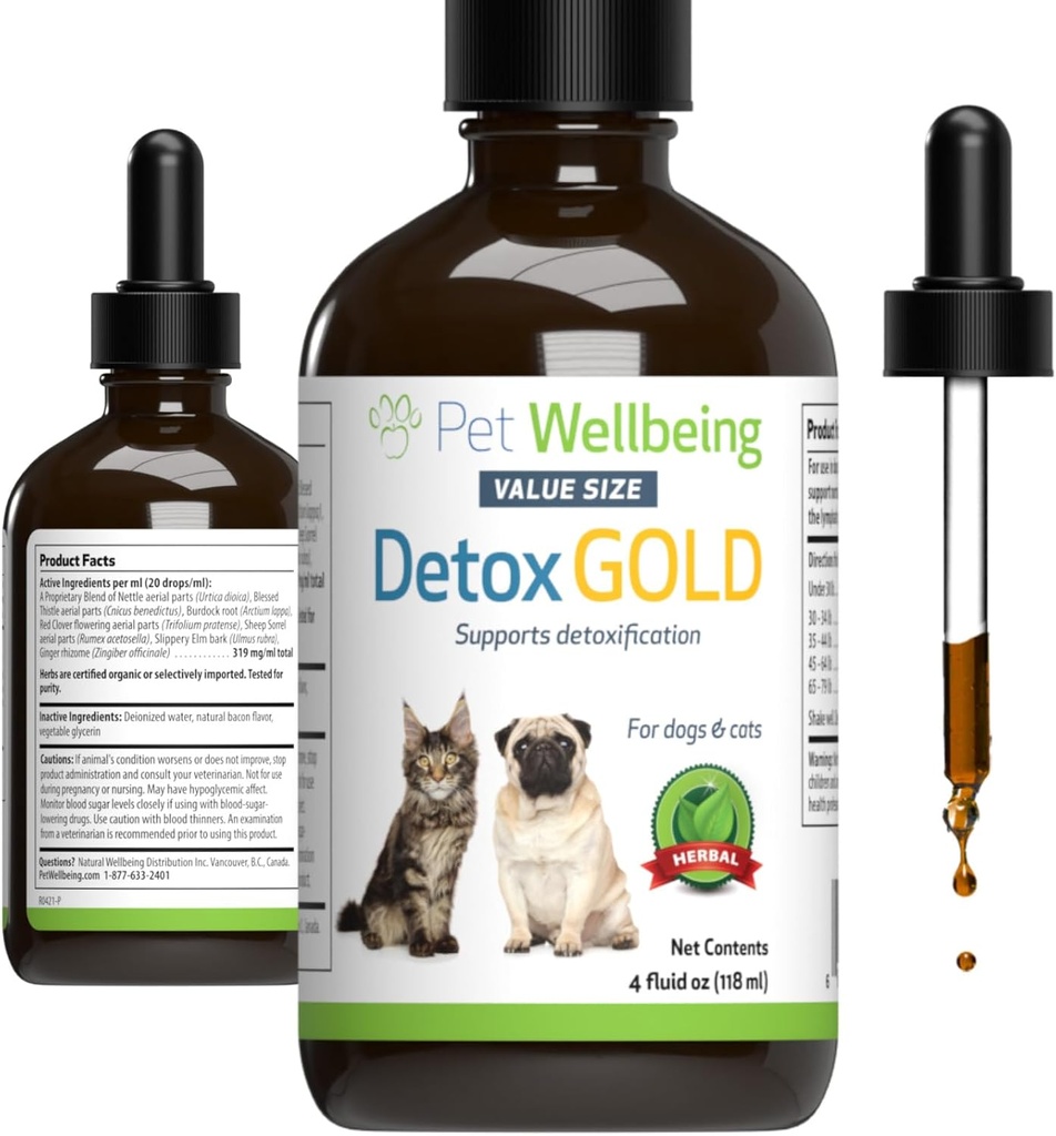 Petwelling Dexgold for Dogs & Cats - Gentle Dexization & End Support, Immune System Care, Nettle, 祝福的湿疹 - 兽医-草药补充剂 4 oz (118 ml)