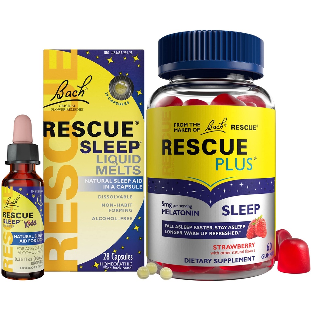 RESCUE 夜间睡眠援助包,3Pk-巴赫睡眠儿童滴水器,10mL睡眠液体熔体,28Ct+睡眠胶囊,含5mg Melatonin/剂量,60Ct