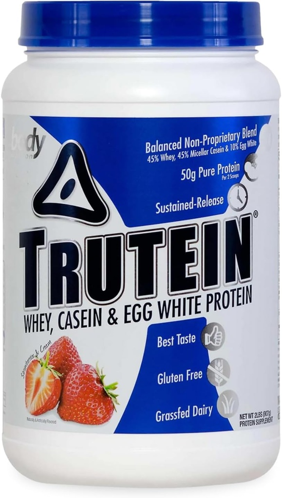 体营养 特鲁特因高蛋白粉:45% Whey,45% Casein,10% Egg White,无葡萄糖,低钠,草药Whey蛋白粉,Gym补充和早餐摇摆,草莓和奶油,2lb