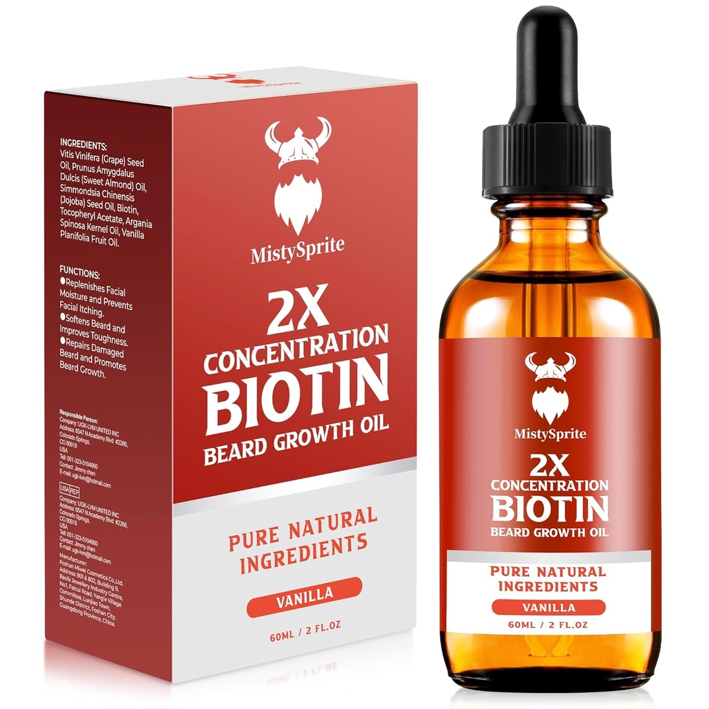 胡子生长油 - 2X 男性的生物锡浓度(2 oz) - 天然与Argan,Jojoba和维生素,生长变软剂,摩斯提尔(Vanilla)
