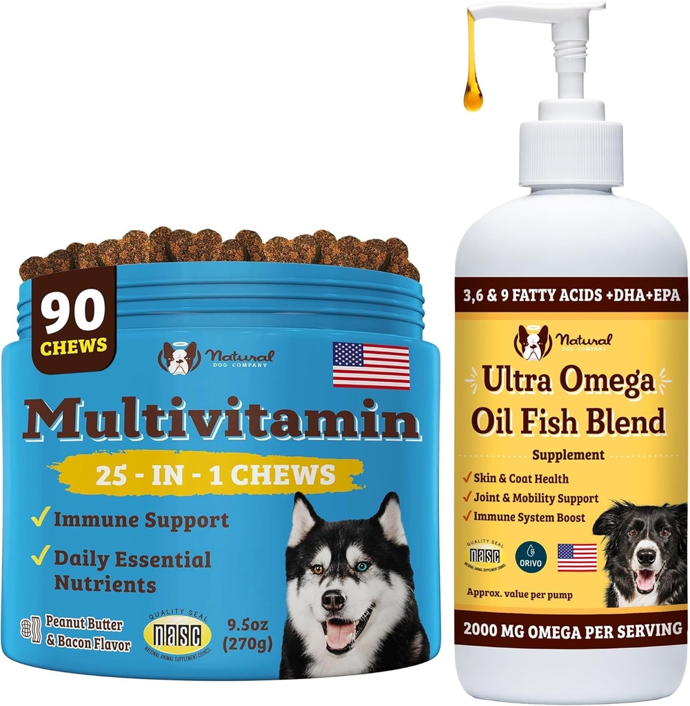 多维塔明 Chews和Ultra Omega油用于活狗 - 营养-Rich Dog 治疗Omega-3和基本维生素,支持所有育种的认知健康和总体生命力