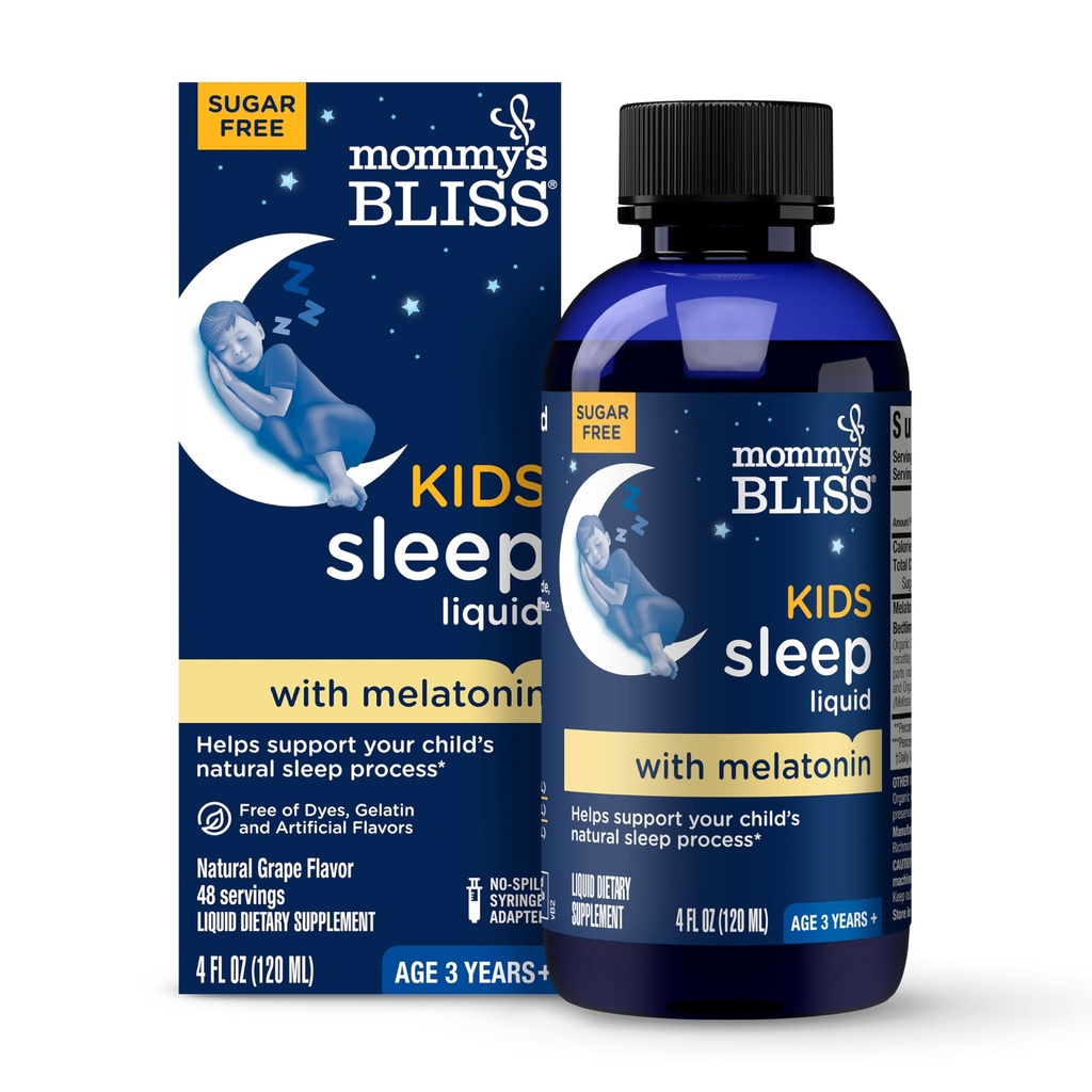 Mommy's Bliss Kids Sleep Liquid with Melatonin and calming Herbs & Melatonin for Children 3 Years & Up & Grape Flavor QQ无糖 4 Fl Oz (60 services) (英语).