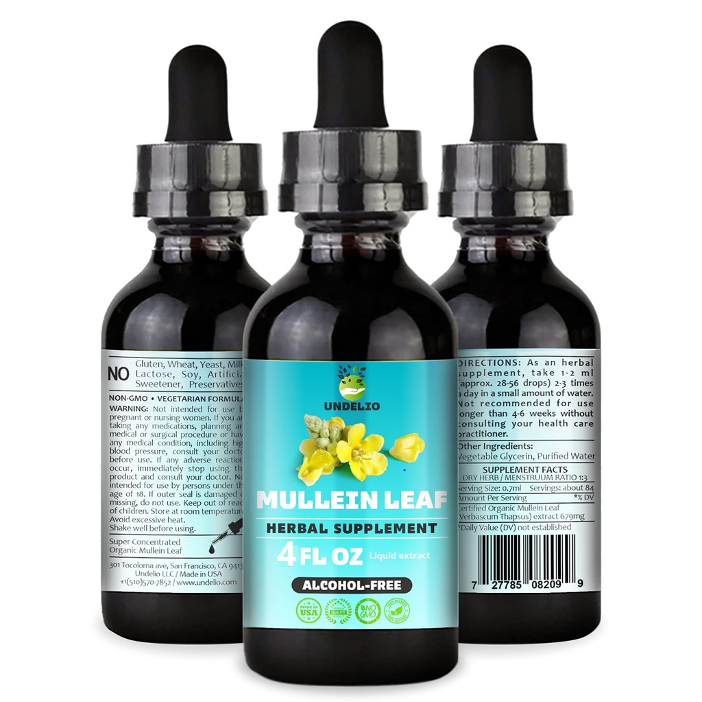 Undelio的草药Mullein叶片提取法 - 用于呼吸、肺、睡眠和消化支持的有机和无酒精丁香 - 非GMO, Vegan - 4 f. Oz for Immune Health and Lung Detox
