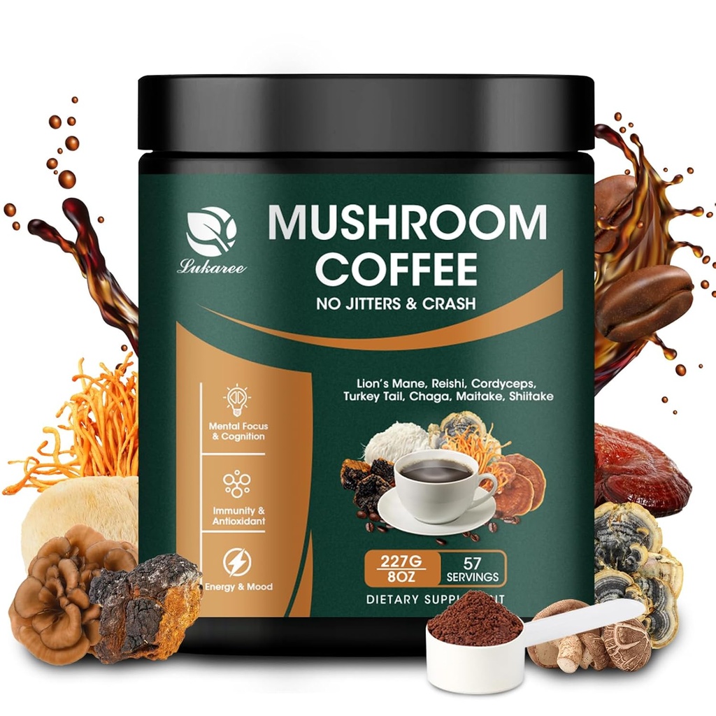Lukaree Mushroom咖啡 14 in 1 Instant Mushroom 咖啡 阿拉伯咖啡 咖啡 蘑菇粉 配有狮子马内,雷希,查加,科迪塞普斯,Shiitake, Maitake, Turkey Tail for Focus Energy 豁免 8 oz (227g)