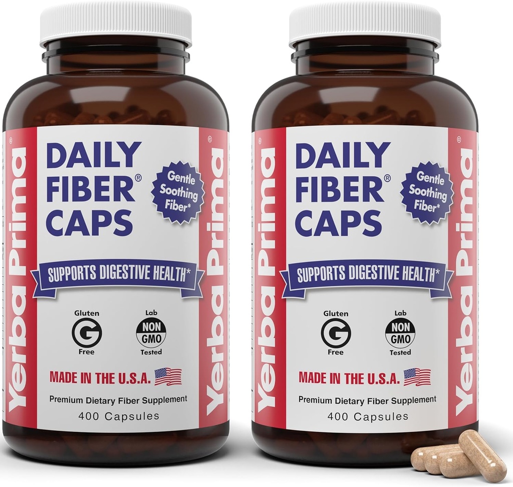 Yerba Prima Daily Fiber Caps Formula 400 Capsules (Pack of 2) - 两种可溶性/不溶性纤维都配有Psyllium Seed Husks, Acacia Gum, Apple Fiber 补编
