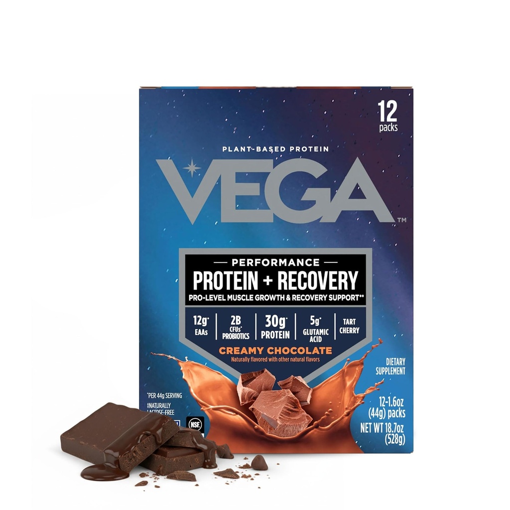 Vega蛋白 + 恢复 - 每服30g植物蛋白,巧克力,12 x 1.6oz Sachets,5g BCAs,Probiotics,NSF 认证,用于摇摆和滑动,(包装 May Vary)