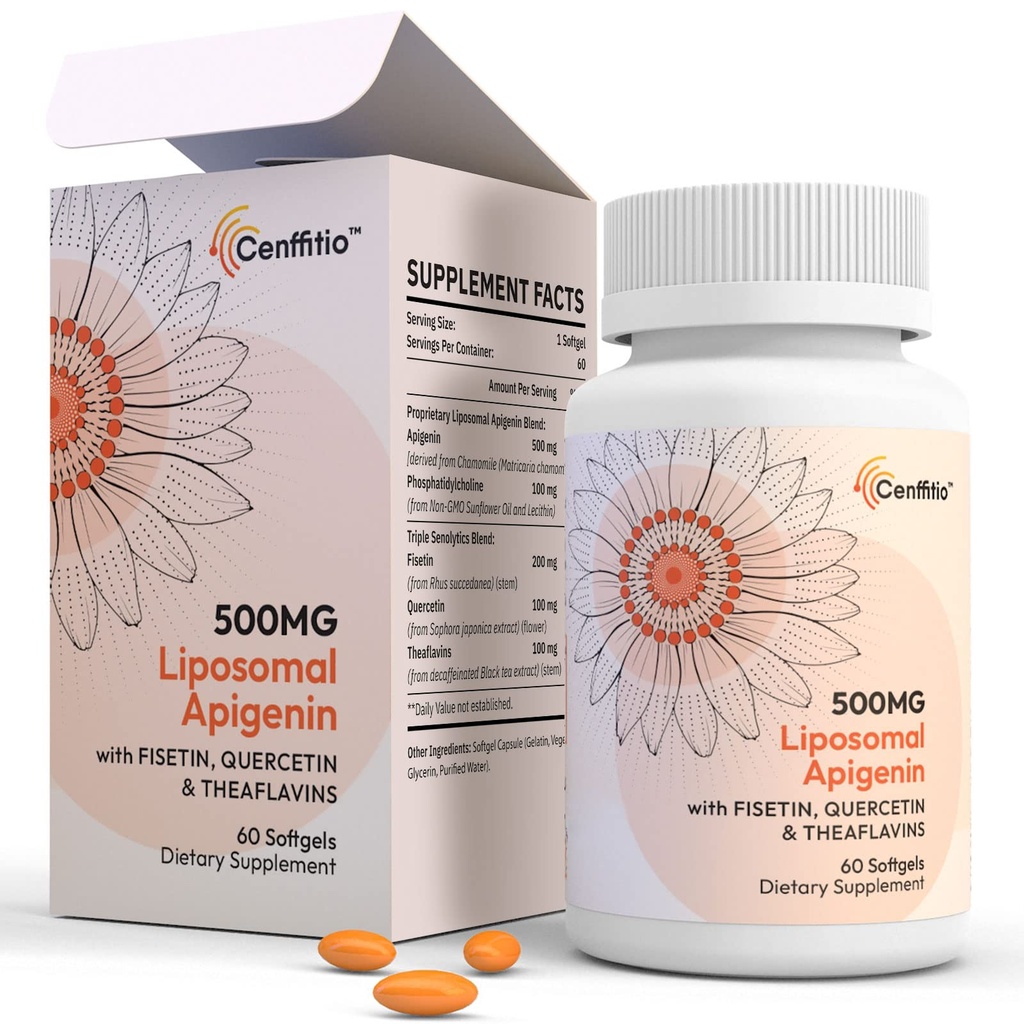 Liposomal apigenin 500mg Softgels - 配有 Fisetin, Quercetin 和 Theaflavins (60 Counter (Pack of 1)) 的优化 Apigenin 补编 。
