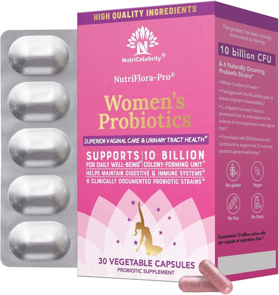 营养名人 NutriFlora -- -- 为妇女提供Pro生素 -- -- 支持阴道、尿道保健(UTI)、消化系统、间期疼痛、酵母和BV救济、Cranberry药丸、10亿CFU 6 Strains(30章)