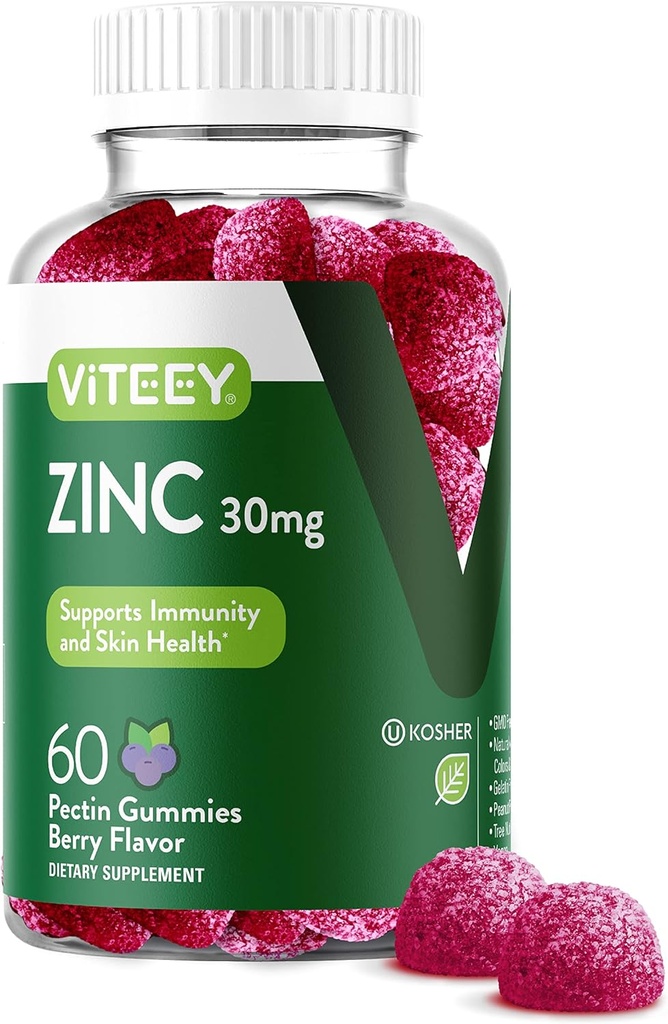 Viteey Zinc Gummys for Women and Men - Immune Support – 30mg - Vegan, Gelatin Free, Non GMO - 60 计数