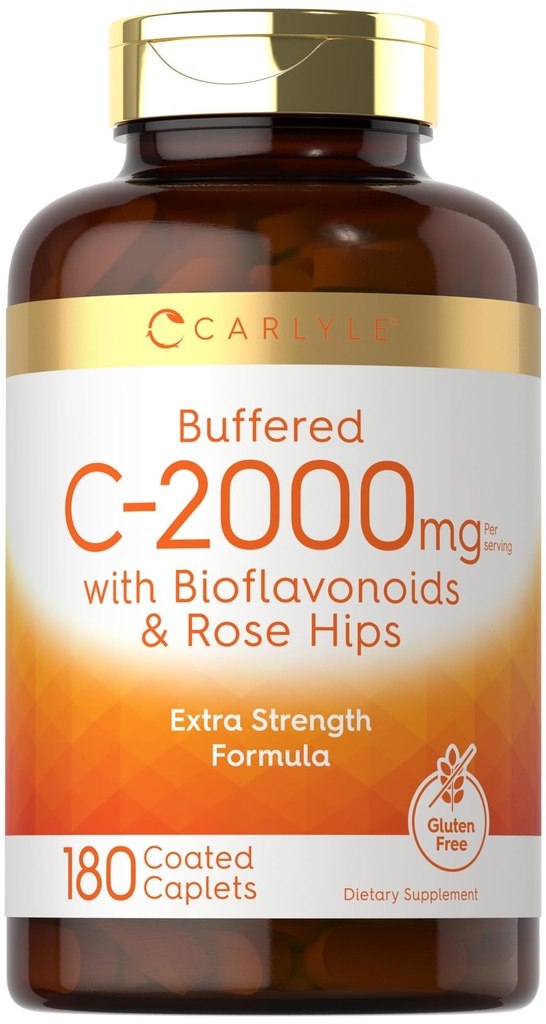 Carlyle 缓冲维生素C → 2000mg → 180卡普列斯 与 Bioflavoids 和 Rose HIPS → Vegetarian, Non-GMO 和 Gluten 免费补充