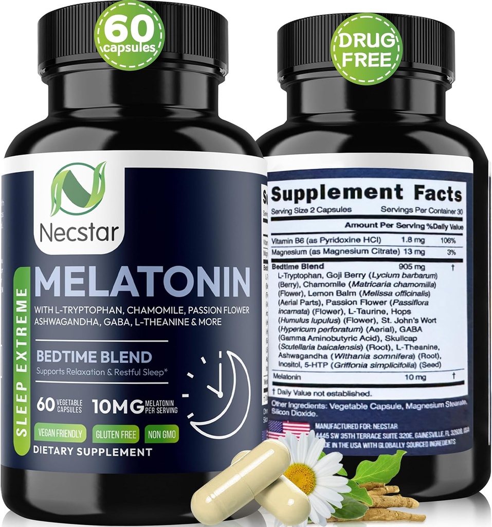 Necstar Melatonin 10mg,成人睡眠援助,与Ashwagandha、镁、L-Theanine、GABA、莱蒙·巴尔姆和香蜜儿睡眠支助补编、Vegan、Non-GMO、Gluten-Free、60 Capsules