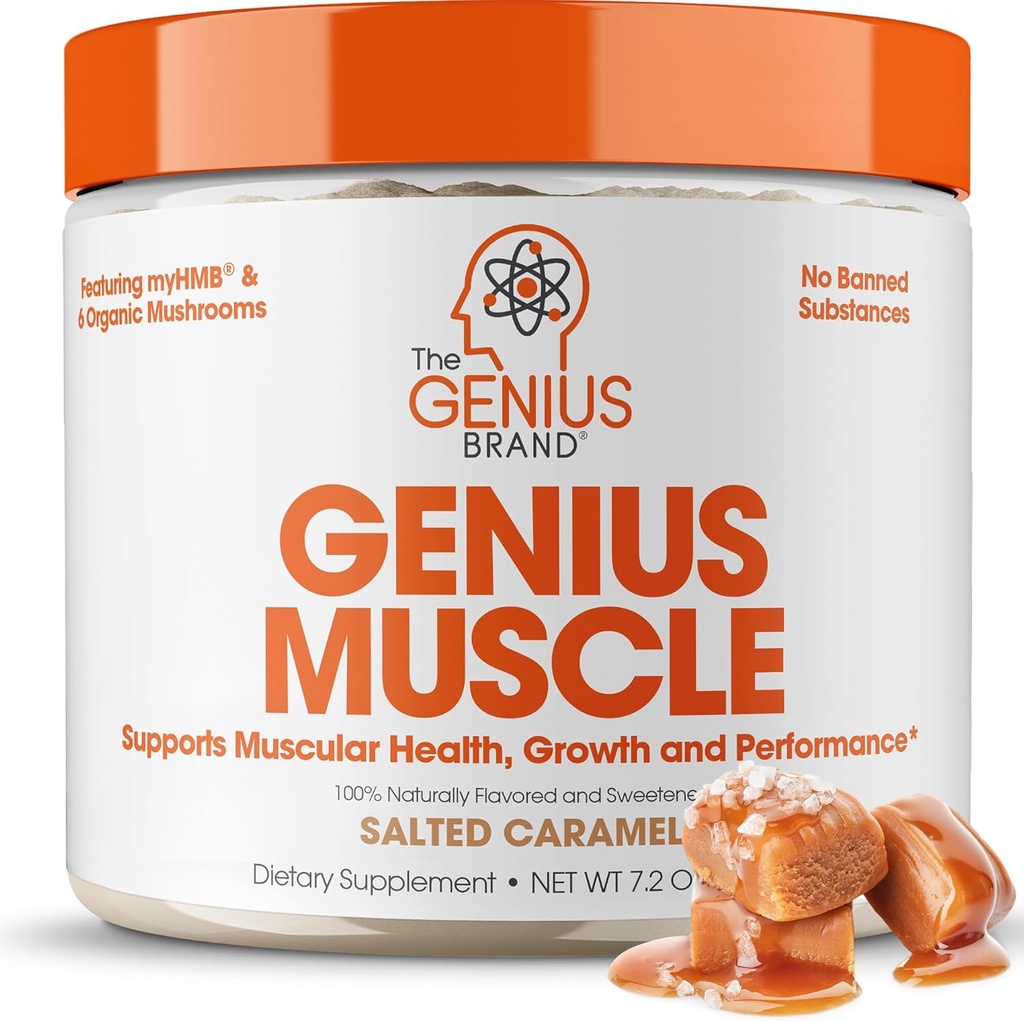 Genius Brand Genius Muscle - 生长,耐力和复苏的肌肉健康补充 - 非激素配方 - 6个有机蘑菇 - 自然甜 - 30个服务 - 盐焦糖