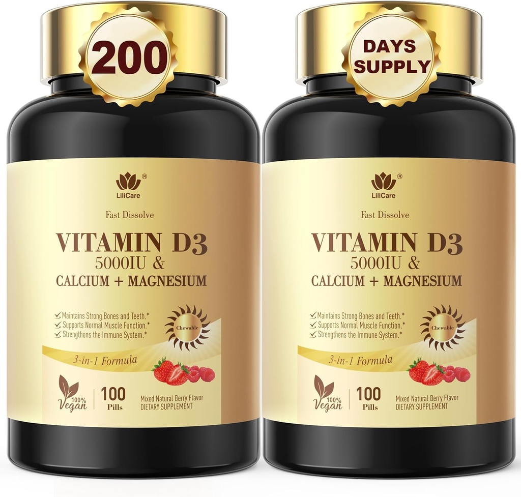 快速溶解维生素D35000IU与钙和镁-用于快速营养吸附-Sugar自由厨艺 骨强,牙齿,肌肉,Immune健康200快速熔融片