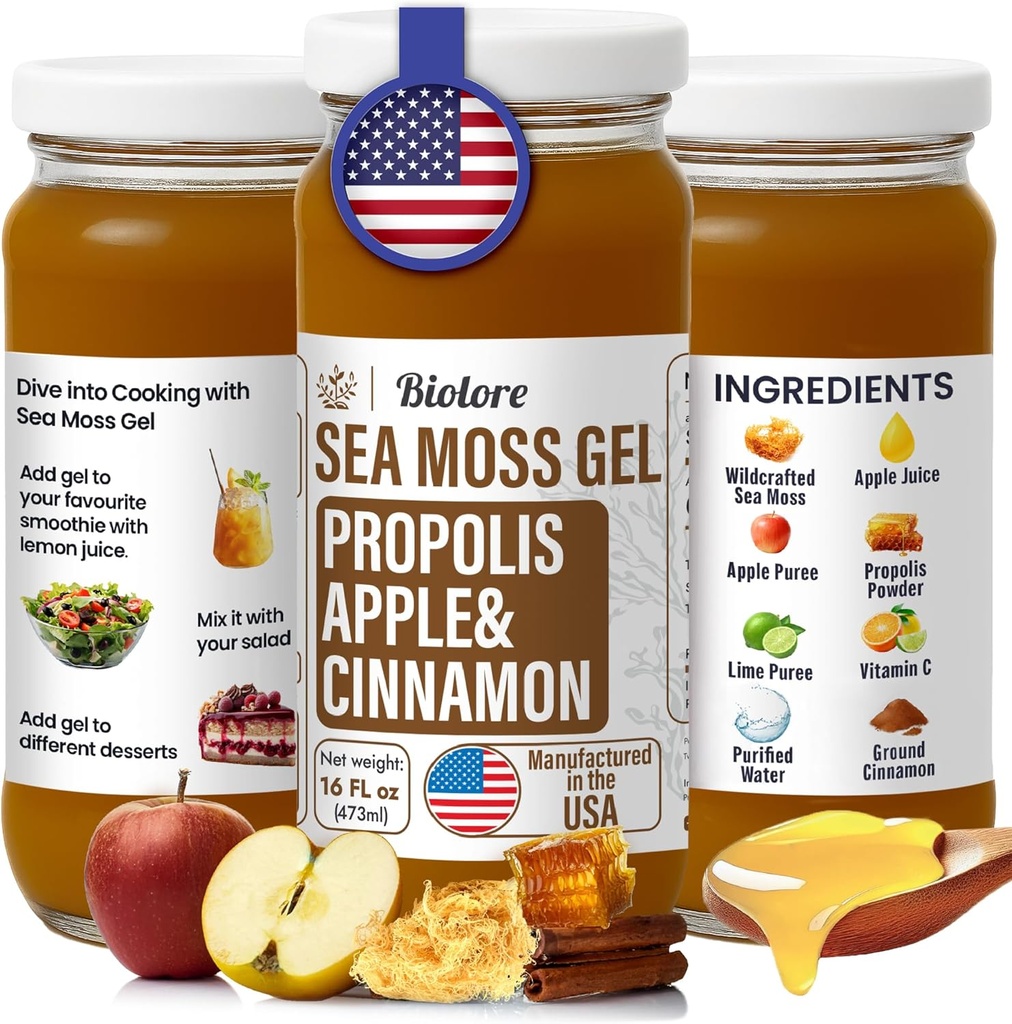 Biolore Wildcrafted Sea Moss Gel with Propolis - Apple & Cinnamon 16 oz - Flavored Sea Moss Gel 具有基本维生素和追踪矿物 - Vegan 超级食品 - 在美国制造,无胶,无添加糖