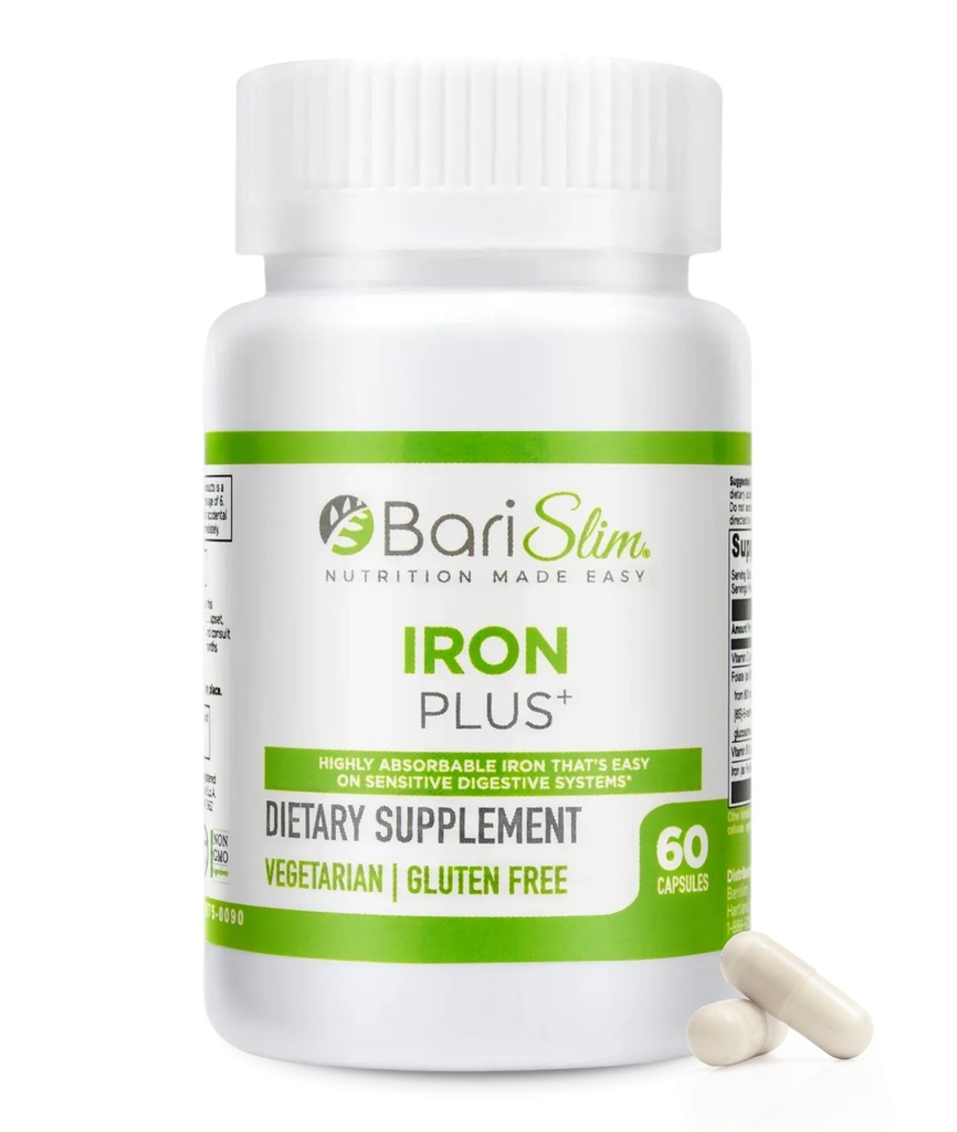 BariSlim Iron Plus Capsules - 为体重损失后患者制定的外科手术方案,包括胃旁塞和胃袖子 - 轻松消化和综合健康支助 - - - 2个月供应(60个服务)