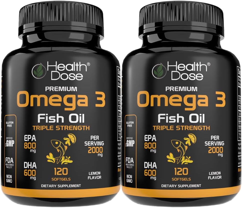 健康剂量 Omega 3 鱼油 – 柠檬味软胶 配有EPA & DHA 用于大脑,心脏,以及健康支持 – 易向潜水,无鱼桶 – 120 软胶,包2