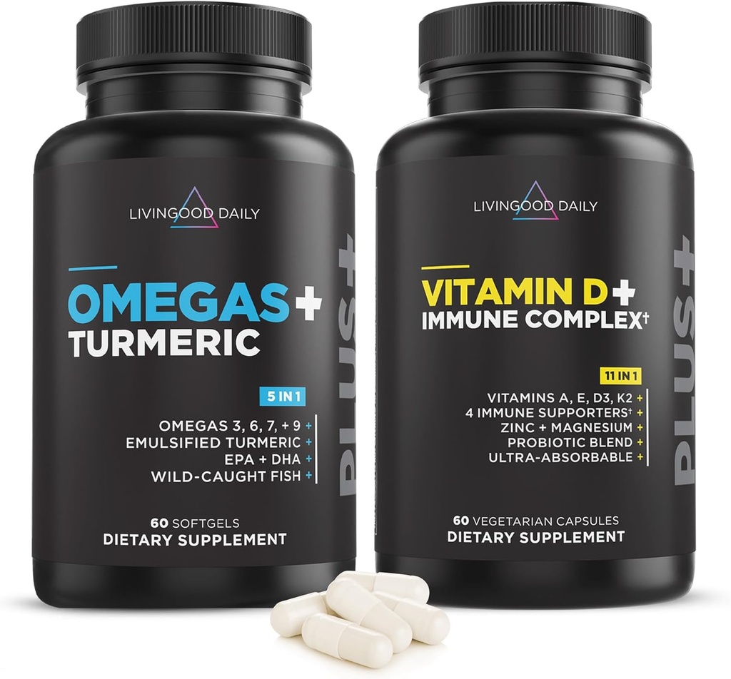 Livingood Daily Business Bundle - Omega 3-6-7-9 Plus Turmeric Paired 配有维生素D3 K2, 镁, Probiotic Blend and More 的强力补充剂