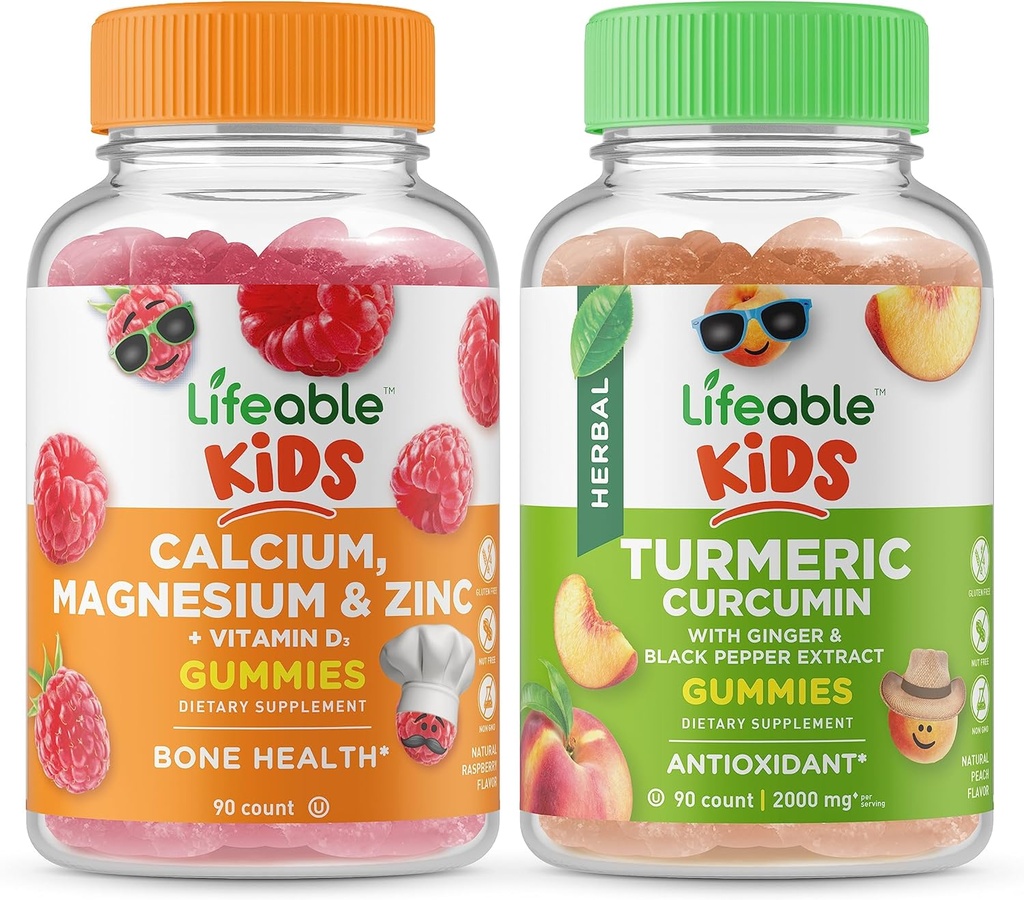 活性钙 镁和锌 Kids + Turmeric Crucumin Kids, Gummys Bundle - 大品尝,维生素补充,Gluten Free, GMO Free, Chewwable Gummy