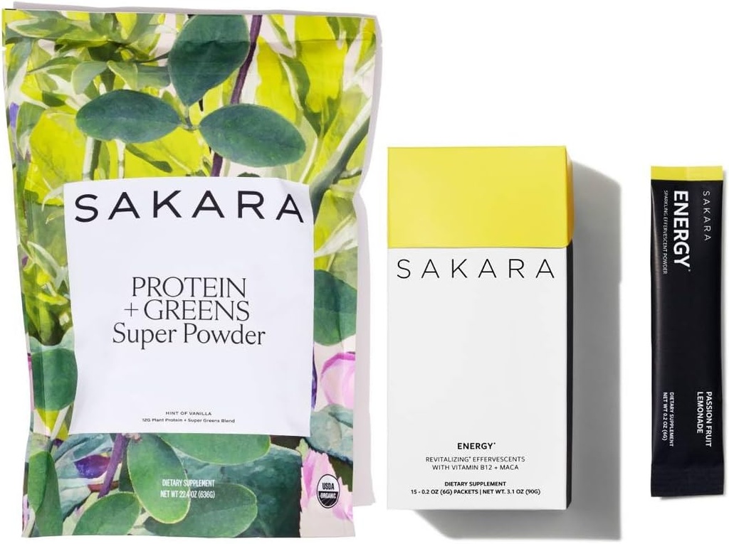 SAKARA蛋白 + 绿素 超级粉末与能源 Effervescent - 有机蛋白 粉末与绿素 精炼糖 无电解质 粉末