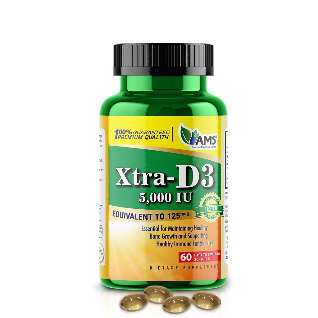 美国医学和科学Xtra D3 维生素D 5000 IU (125 mcg) 胆固醇补充剂(60 Easy to Swallow Softgels) 最佳骨骼,心脏健康,免疫系统支持,肺功能