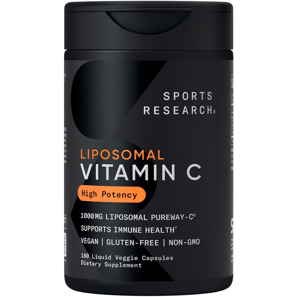 运动研究 • 高概率利波索摩尔维生素C补充剂 1000 mg – 认证 Vegan,非GMO,Gluten Free → 抗氧化剂和免疫支持 → Ascorbic Acid 维生素C → 180 液体蔬菜 Capsules