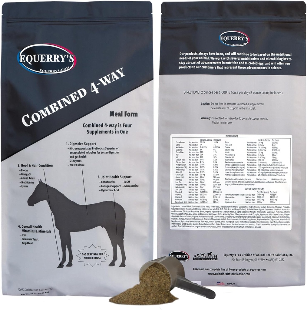 Equery的RX 4 Way QQ Equine 营养支持 QQ 完整公式 消化和联合支持 QQ Hoof & Hair + Probiotics Vitamins & Minerals 160 Feedings, 20lb.