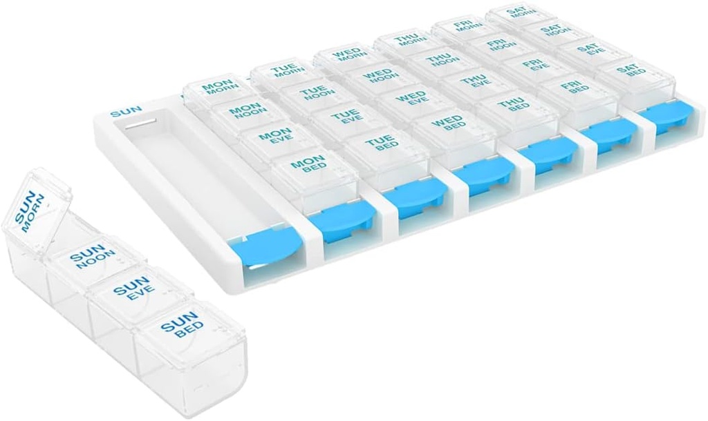 EZY DOSE周刊(7天) 4 Times a Day Pushton Pill 组织者和维生素计划员,可移动的每日 Pillboxs, Blue, Clear Lids, Lige, BPA 免费