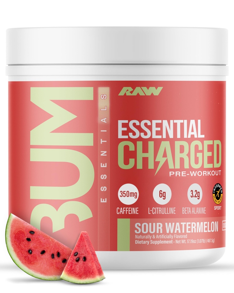 RAW 工作前粉,基本CHARGED(Sour Weatelon) - 男女工作前补充 - 支持焦点,Mood和性能 - 咖啡因,Alpha-GPC,L-Citrulline,Beta Alanine(25人服务)