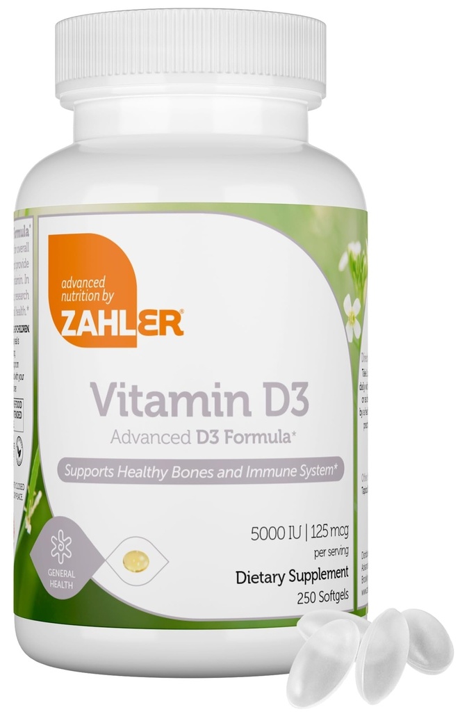 Zahler - 高级维生素D35000 IU软胶(250个伯爵) Kosher 植物友好维生素D 支持免疫,骨,牙齿和肌肉健康 - 成人每日D3维生素补充 - 轻松燕子V