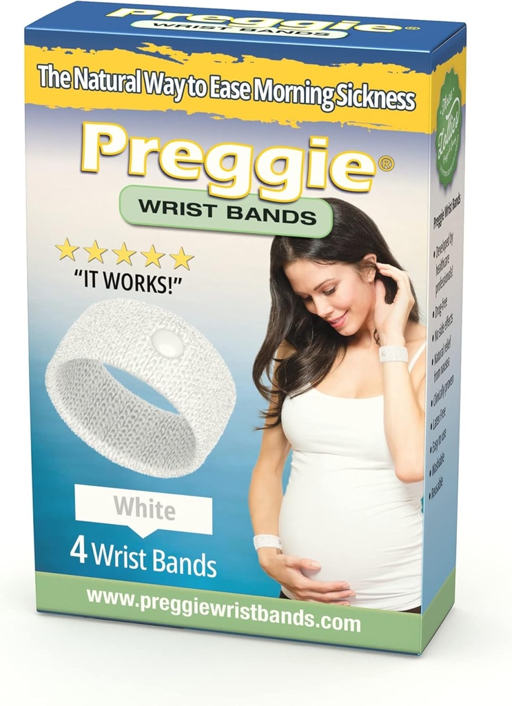 Preggie Anti-Nausea Wristbands – 早间疾病救济 – 临床测试的Nausea救济援助 – 怀孕救济 – Acupressure Wristband – 侧面效果免费 - 2对等,一组4个乐队 - 白色