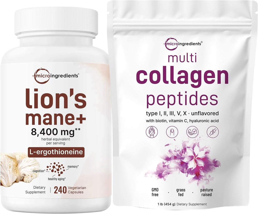 微粒成份 多Collagen蛋白粉 16oz & Lions Mane 补充 240 Veggie Capsules Bundle 2 Pack → 草-Fed Collagen Peptides → 超级食品 蘑菇 带有L-Ergothioneine的抗氧化剂