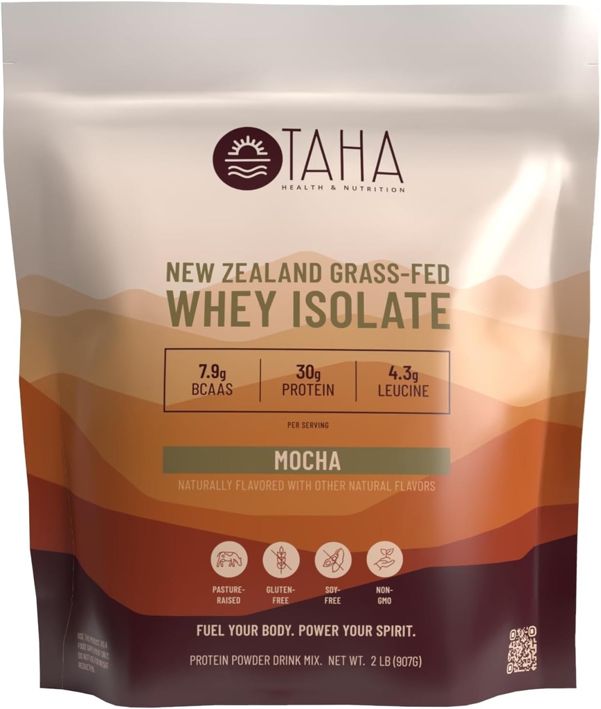 Taha 健康与营养 Mocha Whei 蛋白质隔离粉, 30g 蛋白质, 7.9g BCAAs, 4.3g Leucine |新西兰自由放行, 草油乳制品 | Gluten-free, Keto, Kosher | 2LB, 24种服务