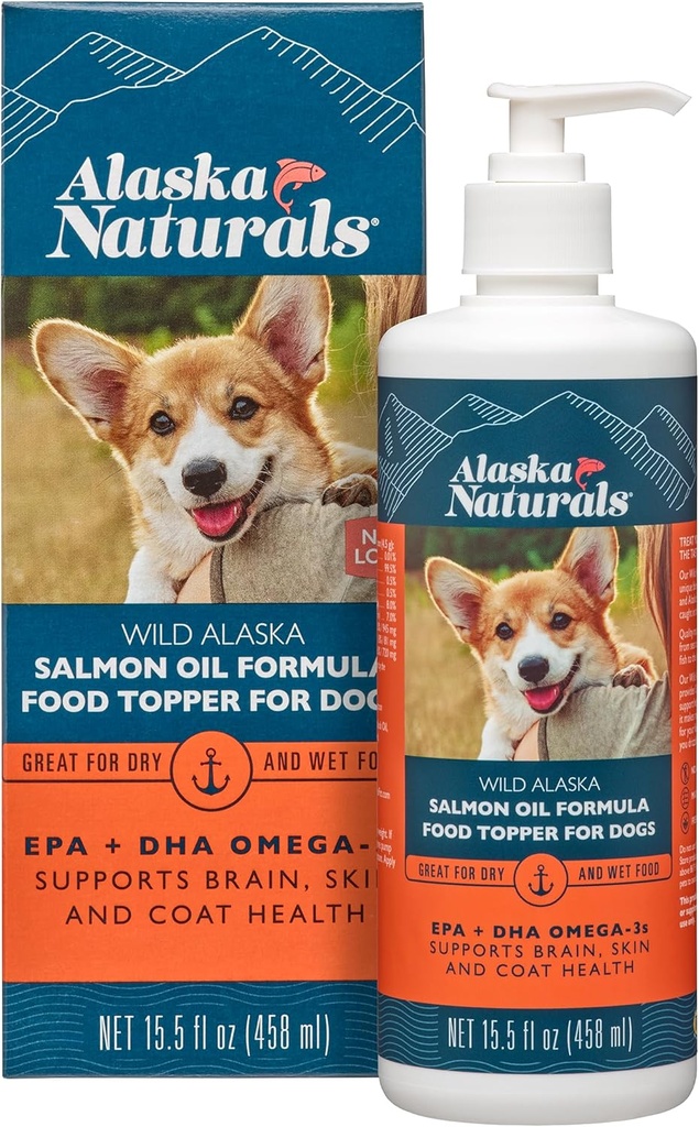 Alaska Naturals – Wild Alaska Salmon Oil Formula Dog Food Topper – EPA and DHA Omega-3 - Supplement for Healthy Skin, Shiny Coat – Made in The USA – 15.5 oz. Pump Bottle