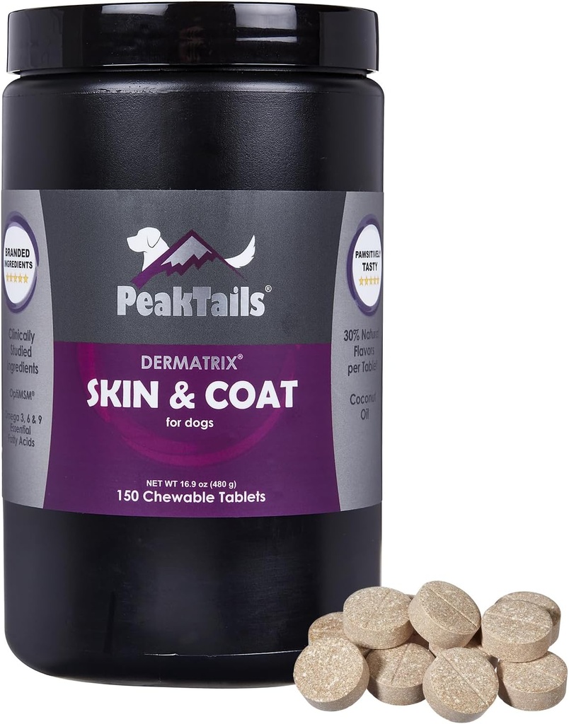 Kala Health PeakTails Skin & Coat Support for Dogs – 150 Chewable Tablets with MSM, Fish Oil, Omega-3 & Omega-6 – Supports Healthy Skin, Shiny Coat