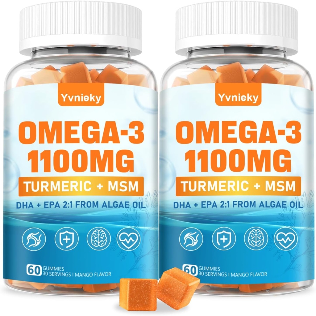 Vegan Omega 3 成人补充Gummys 1100m - DHA 680mg & EPA 340mg 配有Turmeric,MSM,维生素C,E,D3,锌-藻类鱼油替代品