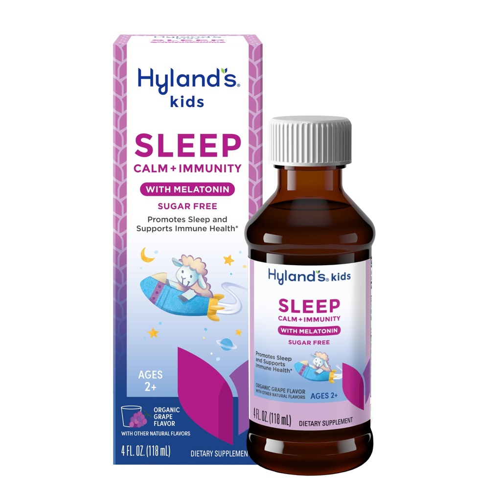 Hyland's Kids Sleep calm & university with Melatonin, 无糖睡眠援助液配镁,维生素D,Zinc & Elderberry,促进睡眠与支持Immune健康,年龄2+,Grape Flavor, 4 Fl. Oz.