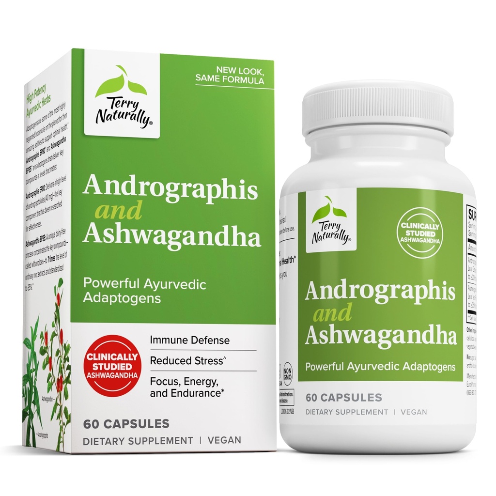 Terry Natural Andrographis和Ashwagandha -- -- 免疫系统支助补编 -- -- 支持应对能源和健康压力 -- -- 能源支助补编 -- -- 60 Capsules(60名服务员)