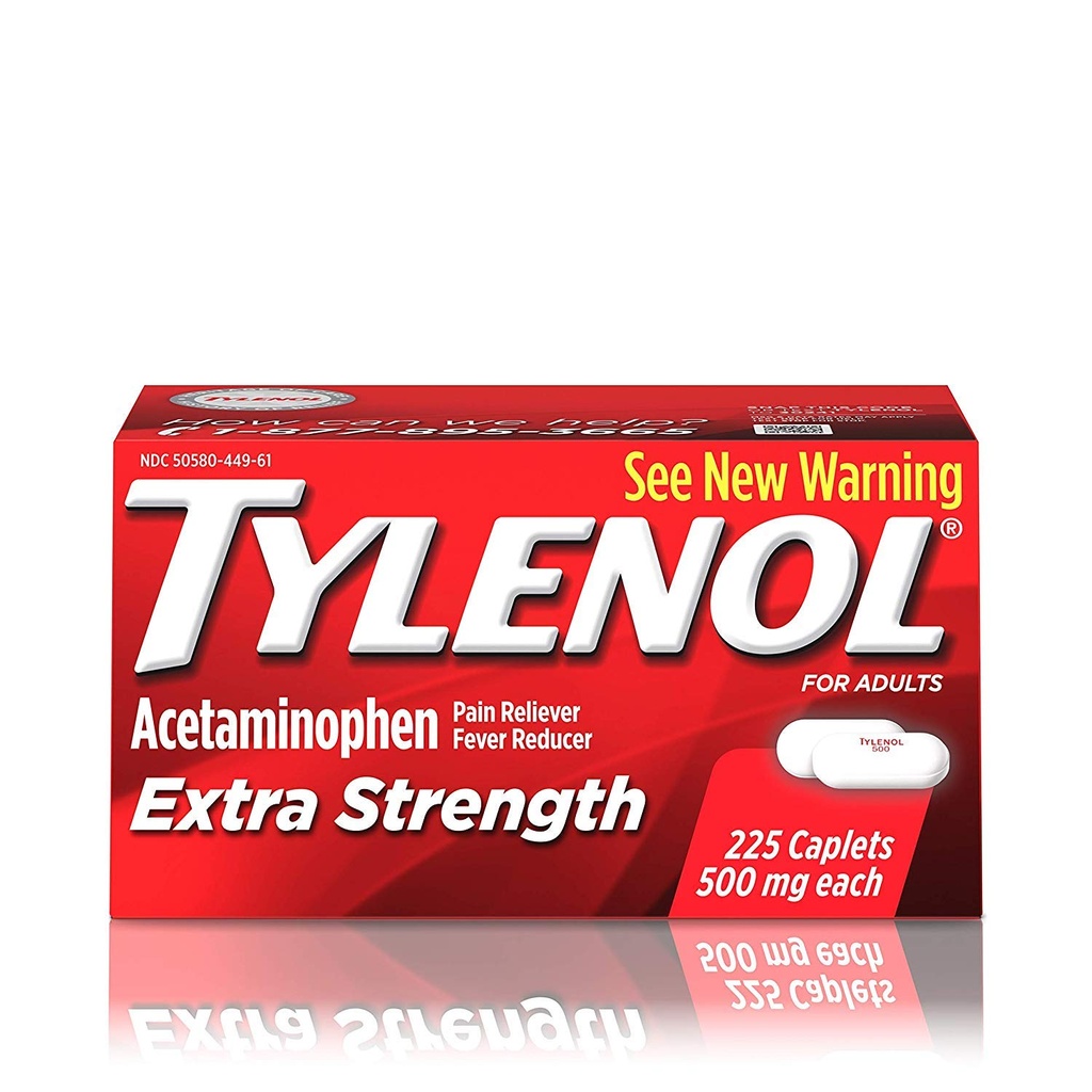 Tylenol Extrastrong Caplets 配有500毫克乙酰氨基苯、疼痛除雷剂和减热剂,225厘米