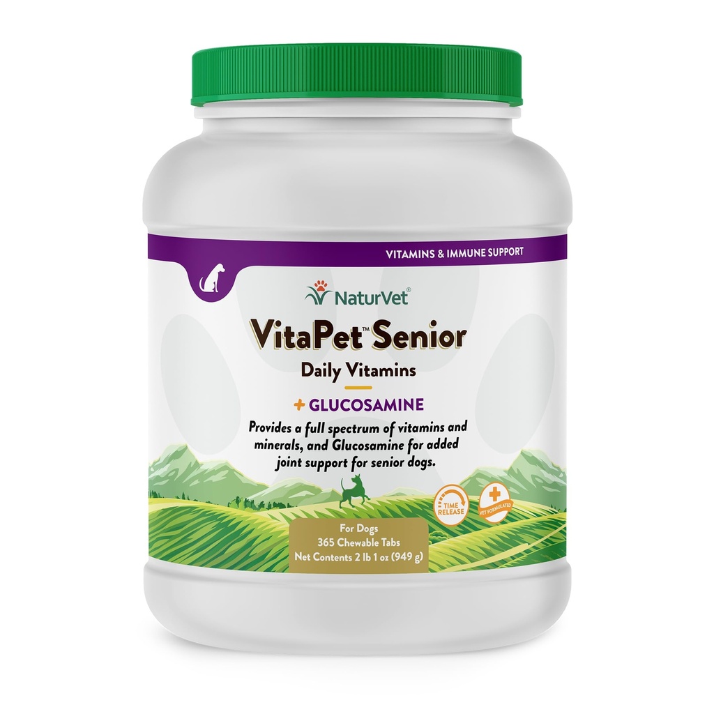 NaturVet – VitaPet 老年狗的高级日用维生素 – + Glucosamine – 维生素和矿物全谱 – 用Glucosamine增强加成联合支持 – 365 时间释放片