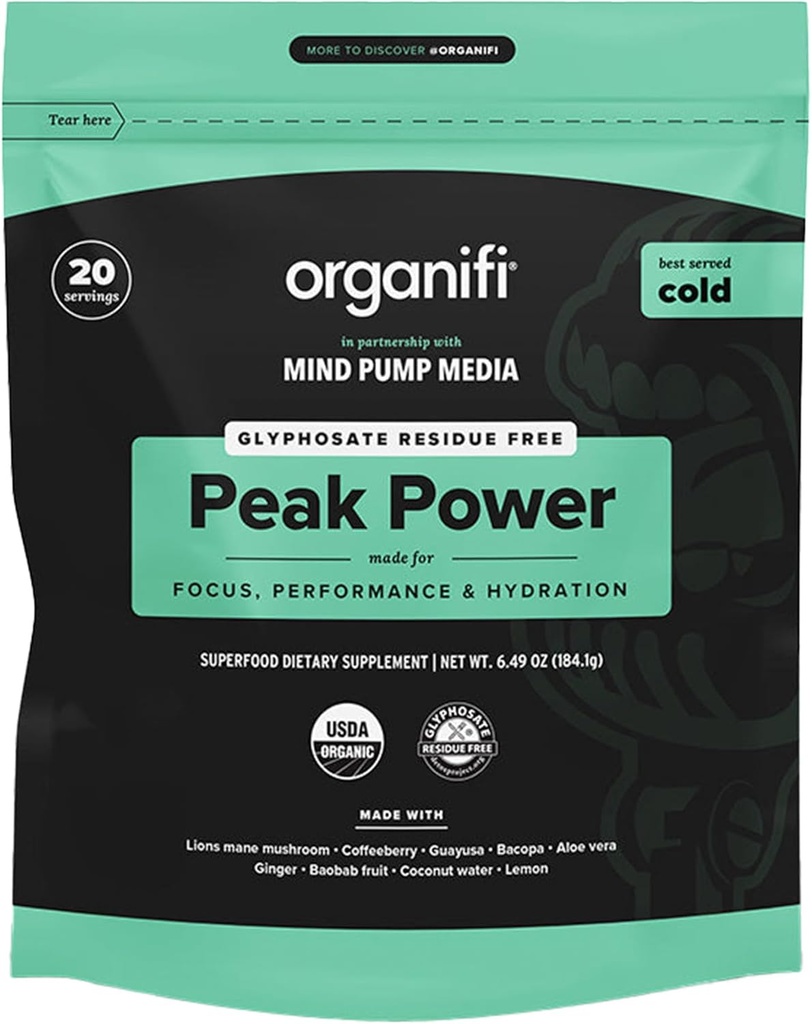 Organifi Peak Power, Pre Workout Powder to Support Hydrition, 配有狮子马恩和瓜尤萨