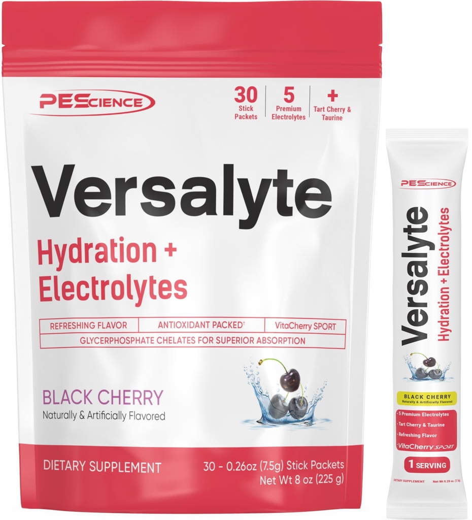 PEScience Versalyte 电解液包、无糖电解液粉加镁、陶林、抗氧化剂、履带矿物-黑樱桃、30种