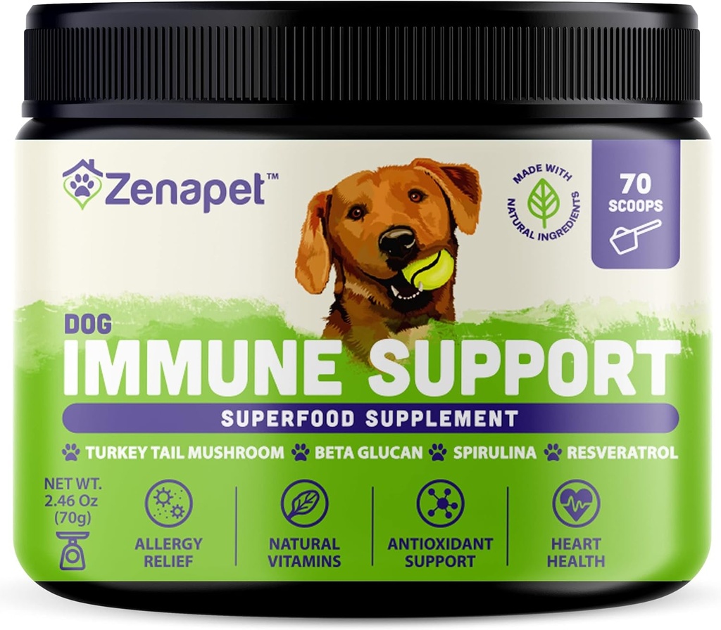 ZENAPET 狗免疫支持 Premium Powder Topper, Turkey Tail, Spirulina & Beta-Glucan, 支持健康免疫系统和文摘, Human-Grade, 美国制作