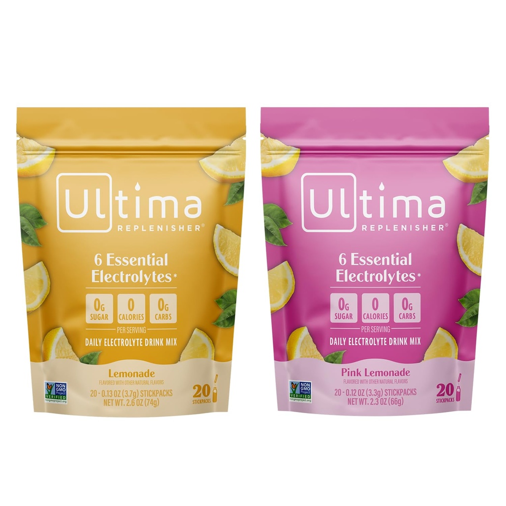 Ultima Electrolyte Powder Drink Mix Bundle – 无糖糖 – 柠檬水和粉红柠檬水,20 Sickpack – 6 Electrolytes and Minerals – Keto Friendly, Vegan, Non-GMO