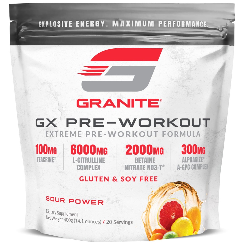 Granite GX Pre Workout 补编, Sour Power Flavor, 支持焦点, 能源, 和与Teacrine, L-Citrulline, Betaine, & A-GPC( 20 services)的性能