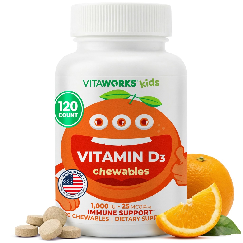 儿童维生素D 1000 IU 化学药片 - 味道天然橙色Flavor - Vegan, GMO-Free, Gluten Free, Nut Free Vitamins - 营养辅助 - 儿童营养辅助 - 120 化学药片