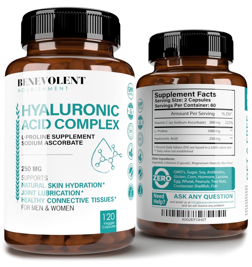 Hyaluronic酸补充物250mg,含200mg维生素C,1000mg L-Proline和抗衰老福利,Hyaluronic Acid Capsules for youngful Skin, 关节和连接组织健康 - 120 capsules