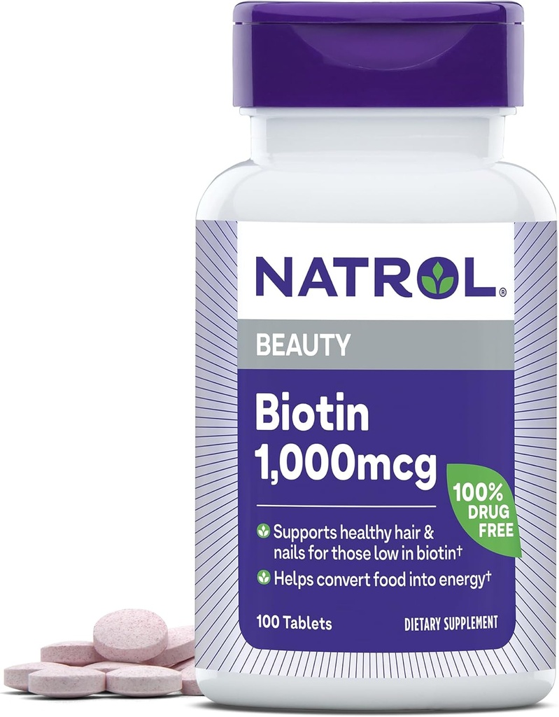 Natrol Beauty Biotin 1000mcg,健康头发、皮肤、钉子和能量代谢的饮食补充,100平板,100天供应(12包)