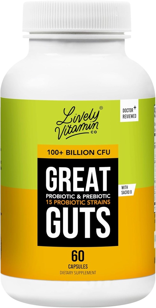 LIVELY VITAMIN CO. Great Guts Probiotic - 100亿 CPU Probiotic - 平衡 GUT 微生物群,GI Tract,炎症,消化, Reflux, Upset Stomach, & 腹泻 - 60 Caps